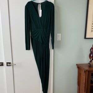 Long Sleeve Dark Green Draped Midi Dress